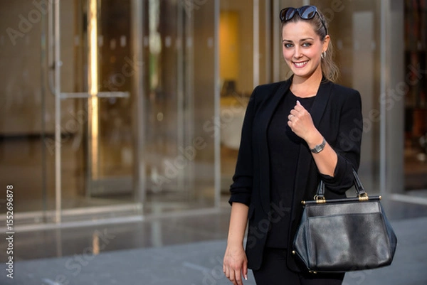 Obraz Confident Woman in Stylish Black Attire Poses With Handbag Outside Modern Building on a Sunny Day in Urban Setting