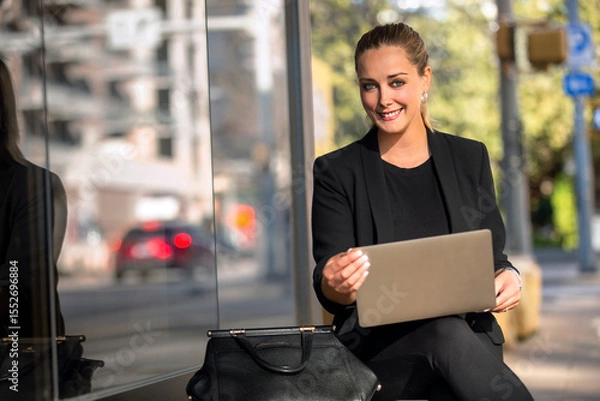 Fototapeta Confident Woman Working on Laptop Outdoors While Enjoying a Sunny Day in a Modern Urban Setting and Soaking in the City Atmosphere