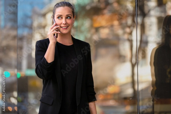 Obraz Confident Businesswoman Engaged in an Important Phone Conversation on a Sunny Day in a Vibrant Urban Setting
