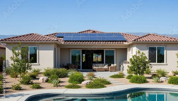 Fototapeta Modern Solar Powered House with Pool and Desert Landscaping in Sunny Suburban Environment