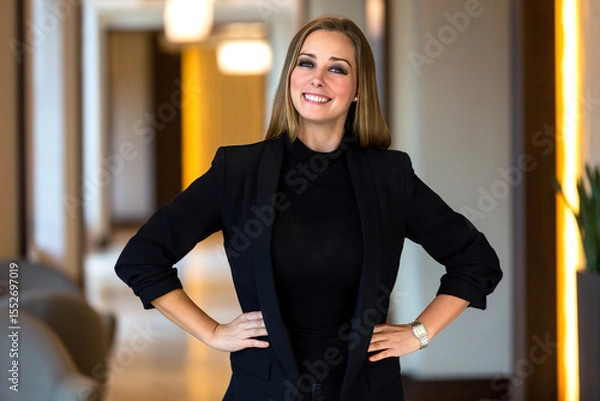 Fototapeta Confident Professional Woman Standing in a Modern Lobby, Showcasing Her Warmth and Approachability While Dressed in Stylish Business Attire