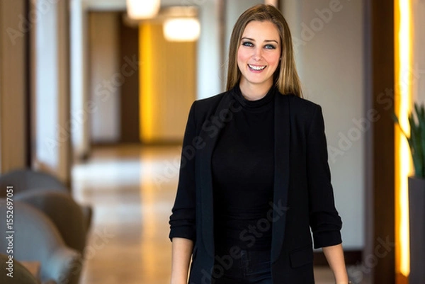 Fototapeta Stylish Professional Woman Smiles Confidently While Walking Through a Modern Office Lobby With Elegant Lighting in a Corporate Environment