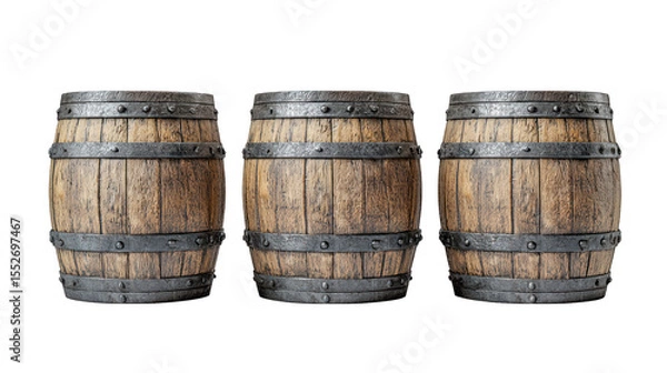 Obraz Three weathered wood barrels with metal bands