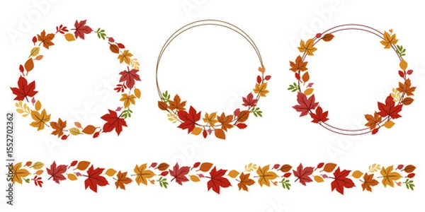 Fototapeta Colorful fallen leaves and berries decoration collection. Set of Autumn and thanks giving day decoration frame. Vector illustration.