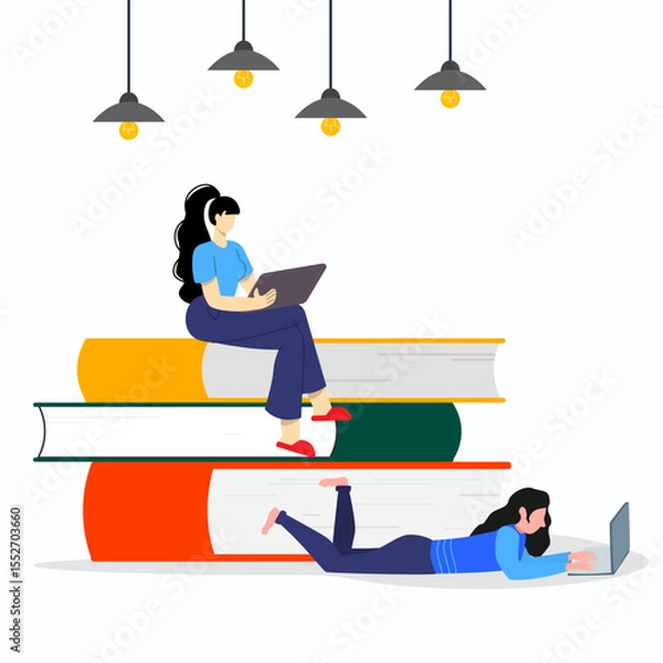 Obraz A women using laptop with big icon stack of book. Online books to read concept.