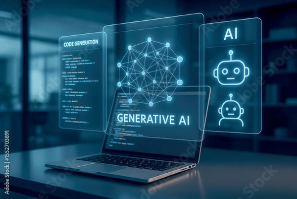 Obraz Generative AI Code Generation Laptop Screen Display Blue Network Robot Icons Dark Office Setting