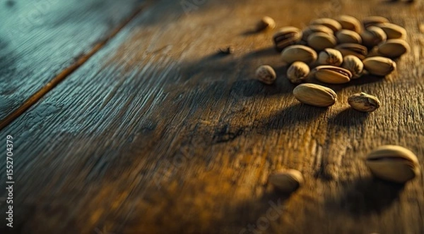Obraz Pistachios scattered on a wooden table