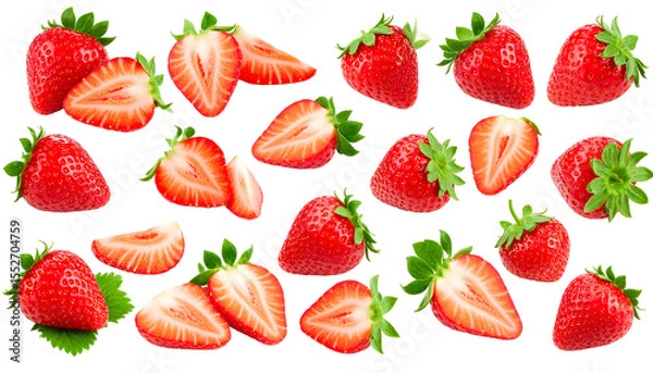 Obraz Assorted Fresh Strawberries: Whole, Halved, and Sliced with Vibrant Red Hue and Green Leaves