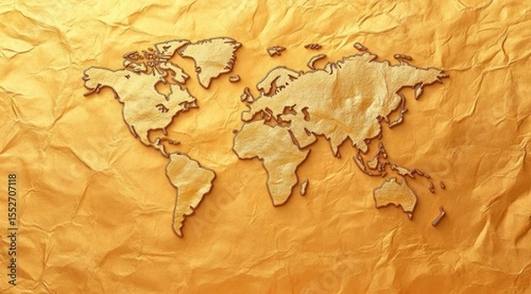 Obraz Golden world map on wrinkled paper