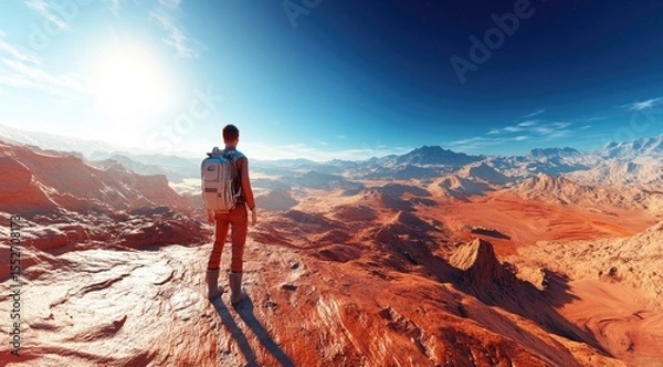 Obraz A lone explorer stands atop a  red-desert ridge,  contemplating vast vistas