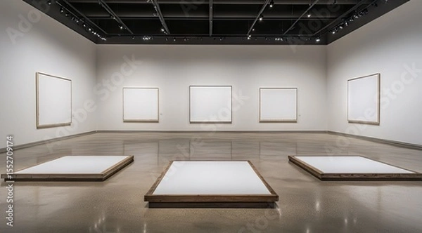 Obraz Empty gallery space with five blank canvases and three raised platforms