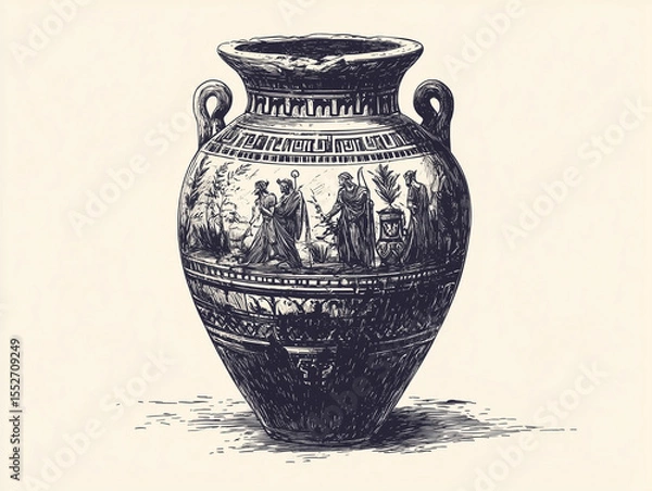 Fototapeta Ancient Greek vase featuring detailed mythological scenes, such as gods and heroes. Hand draw sketch illustration isolated on white background