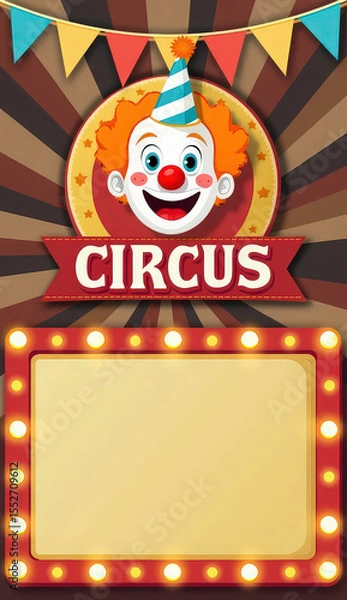 Fototapeta A vibrant vintage circus poster featuring a cheerful clown with curly orange hair, rosy cheeks, and a striped party hat, placed at the top-center of the composition