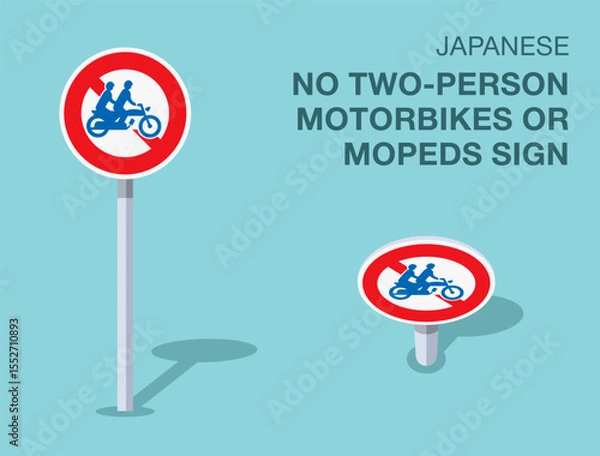 Fototapeta Traffic regulation rules. Isolated japanese "no two person motorbikes or mopeds" road sign. Front and top view. Flat vector illustration template.
