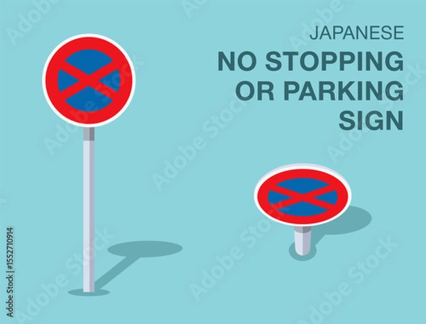 Fototapeta Traffic regulation rules. Isolated japanese "no stopping or parking" road sign. Front and top view. Flat vector illustration template.