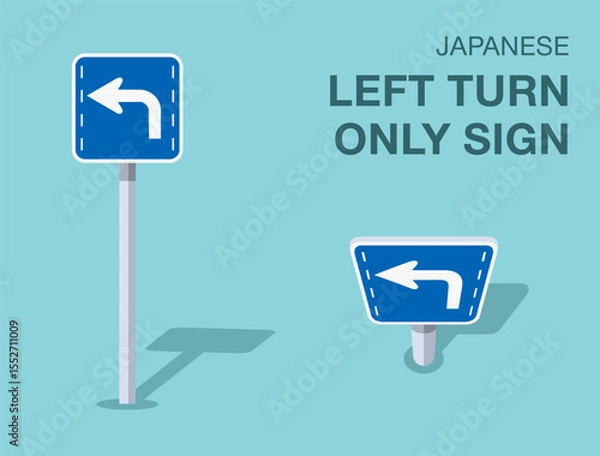 Fototapeta Traffic regulation rules. Isolated japanese "left turn only" road sign. Front and top view. Flat vector illustration template.