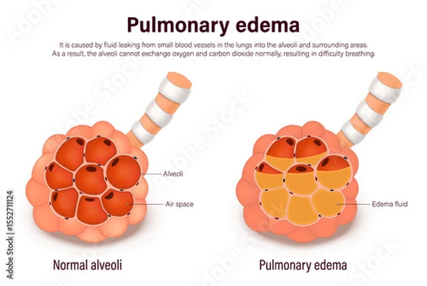 Fototapeta Pulmonary edema. Comparison between normal alveoli and pulmonary edema. Lung diseases anatomy. Human respiratory system.