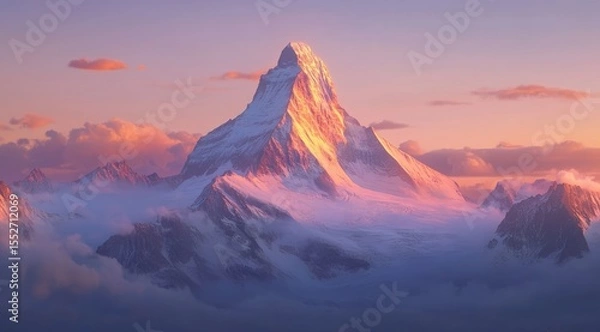 Obraz Majestic mountain peak bathed in golden sunset hues, with clouds swirling around it