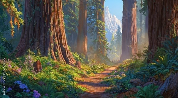 Obraz Sunny redwood forest path. Lush greenery, towering trees, and a mountain vista