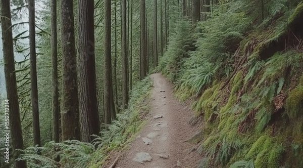 Obraz Hiking trail through a lush, misty forest