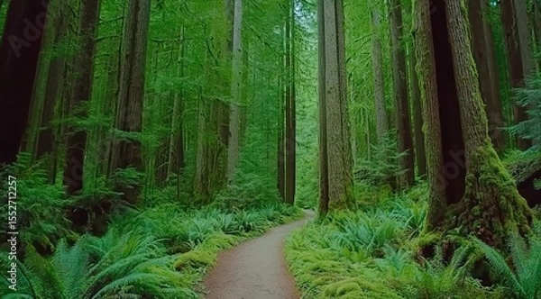 Obraz Lush forest path winds through towering trees