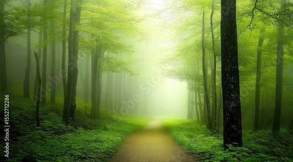 Obraz Misty forest path, vibrant greens, soft light