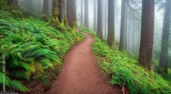 Obraz Winding trail through a misty forest filled with ferns and lush greenery