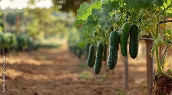 Obraz Cucumbers hanging from vines in a field (1)