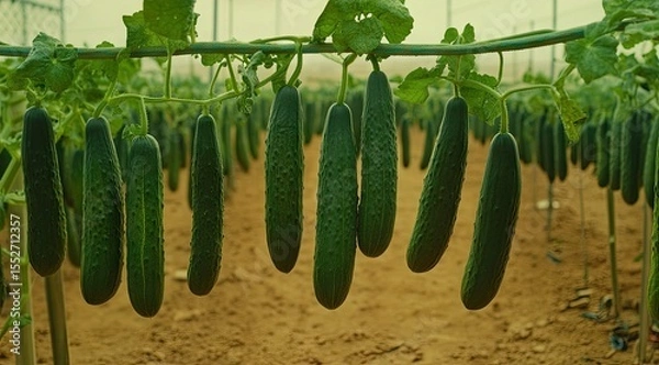 Obraz Cucumbers hanging in a greenhouse