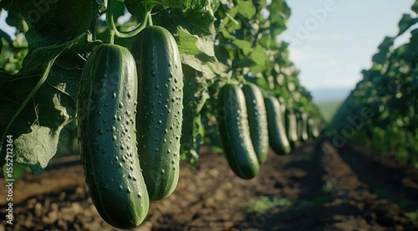 Obraz Cucumbers hanging from vines in a field. Sunlight highlights the produce