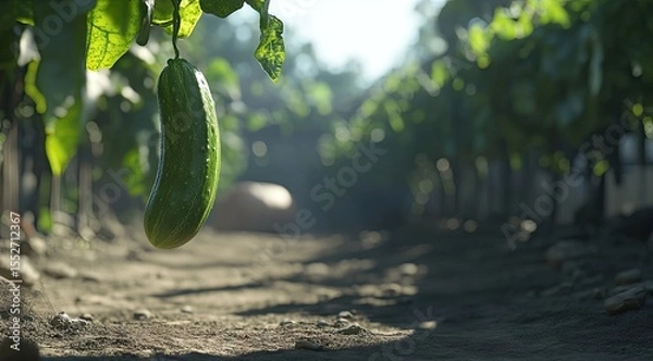 Obraz Fresh cucumber hangs from vine in sunlit garden