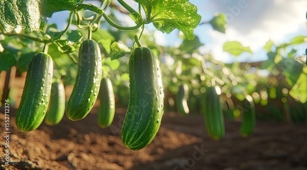 Obraz Cucumbers hanging from vines in a garden