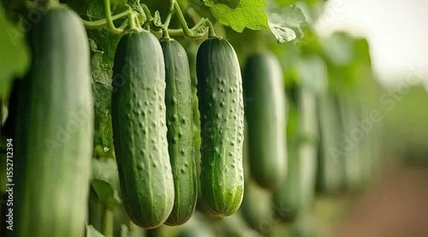 Obraz Close-up of fresh cucumbers hanging from vines