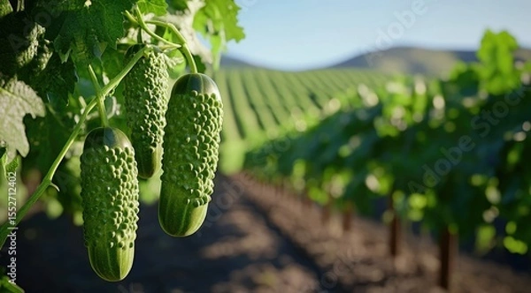 Obraz Close-up of cucumbers on vines in a vineyard