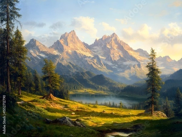 Fototapeta High‑Resolution Oil‑Style Mountain and River Painting Capturing Misty Peaks and Serene Waters in Scenic Wilderness autumn landscape with mountains and lake