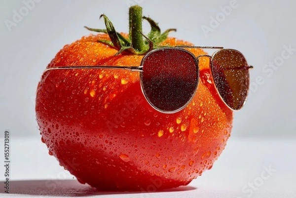 Obraz Tomato wearing sunglasses on a solid color background , Generative AI