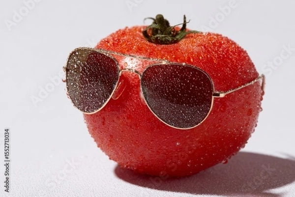 Obraz Tomato wearing sunglasses on a solid color background , Generative AI