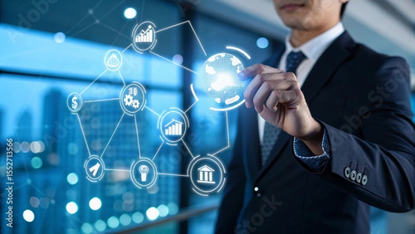 Fototapeta Man analysing financial graph, Stock market investment, Business Strategy and Financial Network
