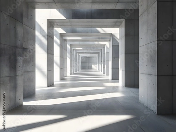 Fototapeta Bright Modern Concrete Hallway Bathed in Sunlight with Bold Geometric Shadows and Minimalist Architecture 
3d render of a corridor