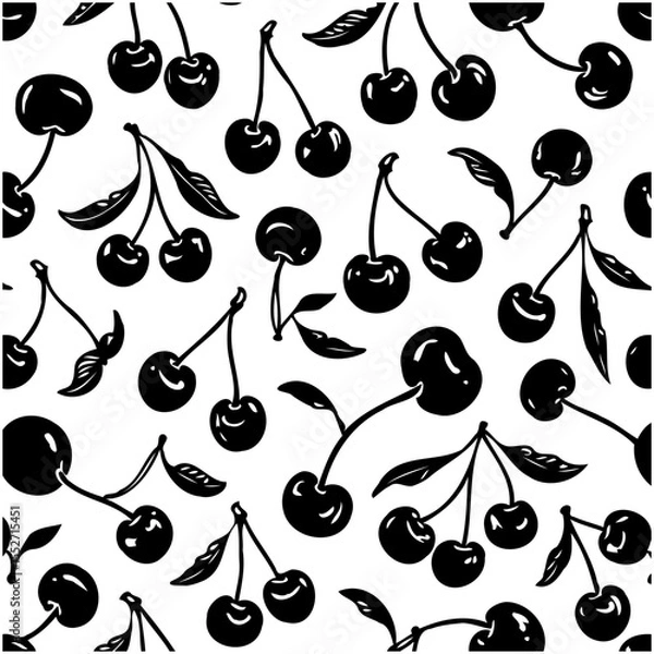 Fototapeta Seamless Cherry Pattern: Black and White Vector Design for textile and backgrounds