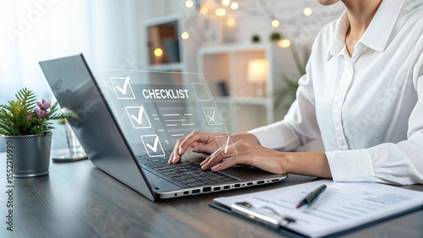 Fototapeta Digital documents management system, Document Management on virtual screen on laptop