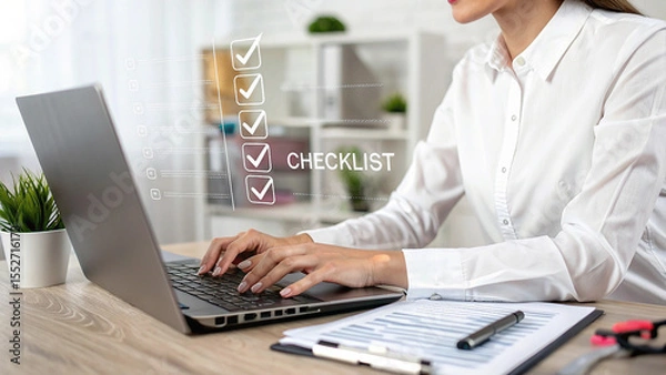 Fototapeta Checking documents on virtual screen, Document management concept, Document Management System