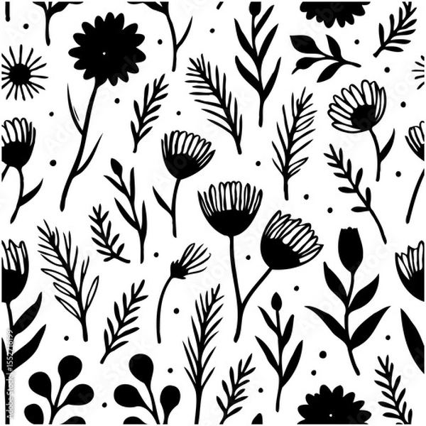 Fototapeta Elegant monochrome botanical pattern with floral elements and leafy branches