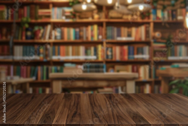 Obraz Scene with sharp wooden table and blurred bookstore background, ideal for mockups or editorial design.