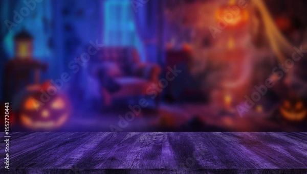 Obraz Dark tabletop with blurred Halloween decoration background. Ideal for seasonal mockups and themed design.