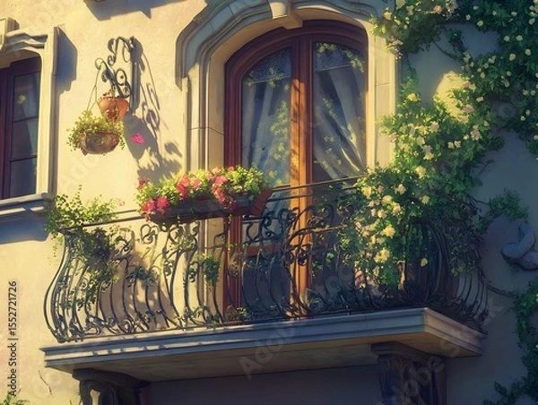 Fototapeta Modern Balcony with City View at Sunset Premium AI-Generated Image for Urban Living and Architecture Themes balcony with flowers and windows Cozy Balcony with Potted Plants and Lounge Chair Overlookin