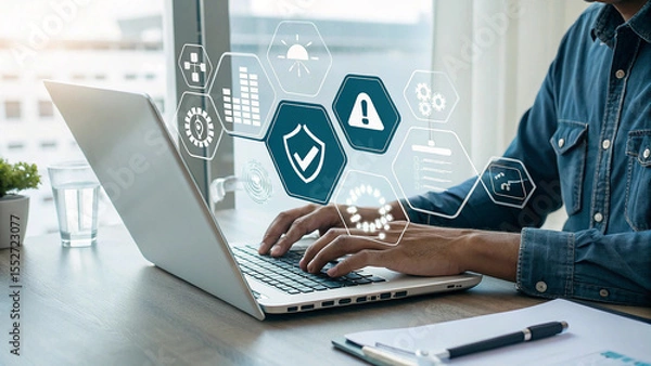 Fototapeta Cybersecurity Protection on laptop, Secure and Streamlined, Digital Collaboration and Security in the Workplace