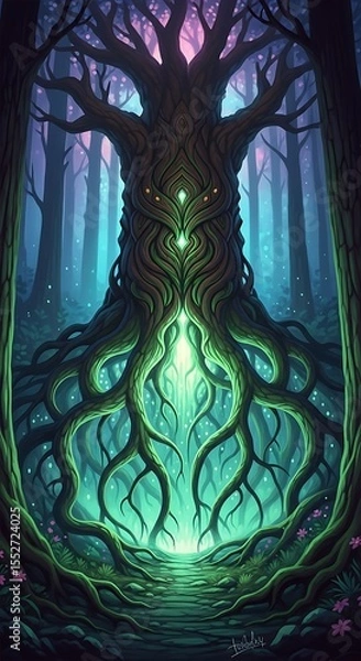 Fototapeta Enchanted mystical forest tree roots glowing light fantasy art fairytale nature magical woods illustration