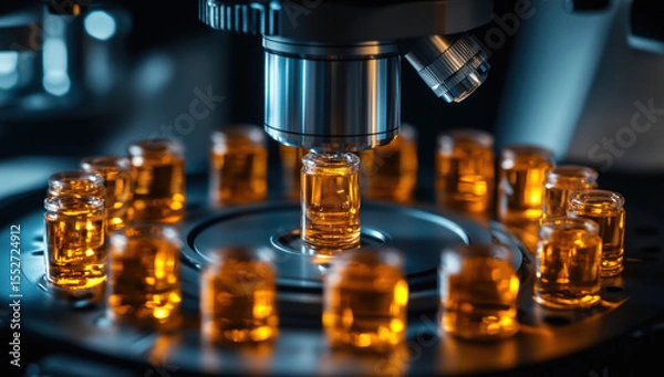 Fototapeta Laboratory test tubes with colorful liquids glowing in a dark setting with candlelight reflections