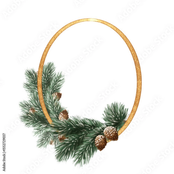 Fototapeta Elegant Gold Circle Frame with Pine Branches and Cones, Seasonal Hand-drawn Illustration